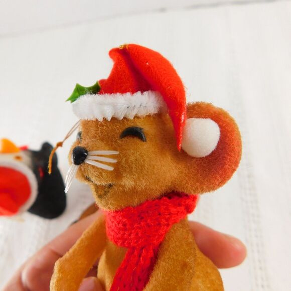 Flocked Christmas Ornaments, Lot of 3 Vintage 1960s Japan Raccoon Mouse Penguin - Picture 8 of 9